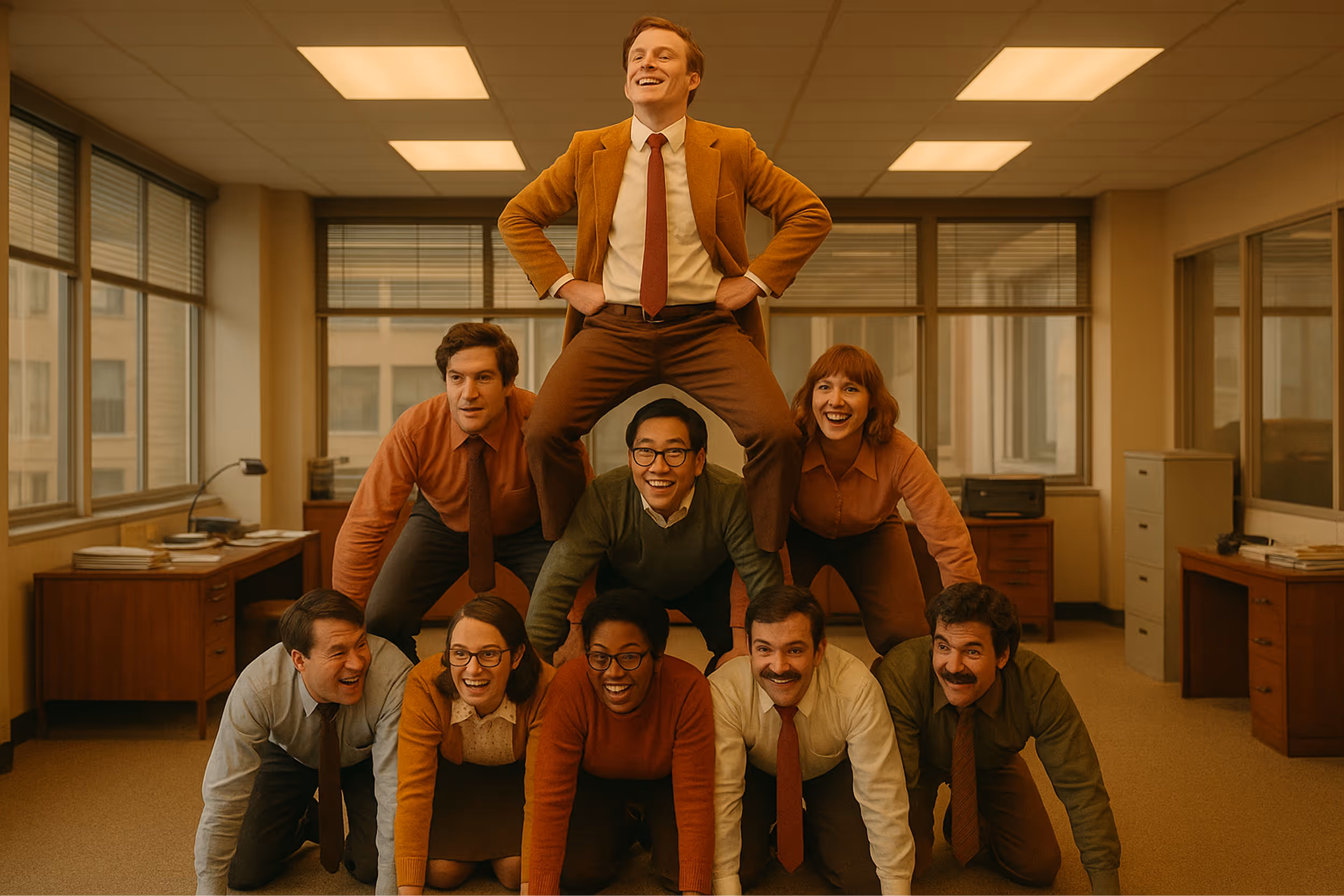 a playful scene of office workers demonstrating internal link building