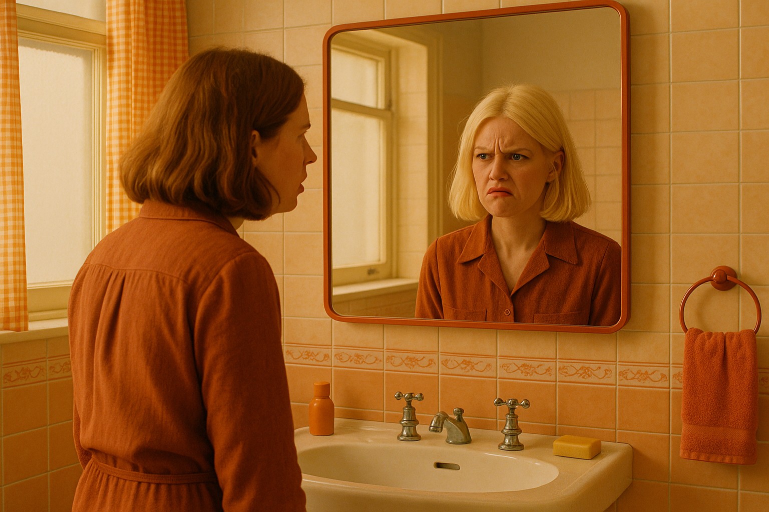 A woman looking in a mirror seeing an AI hallucination of her brand